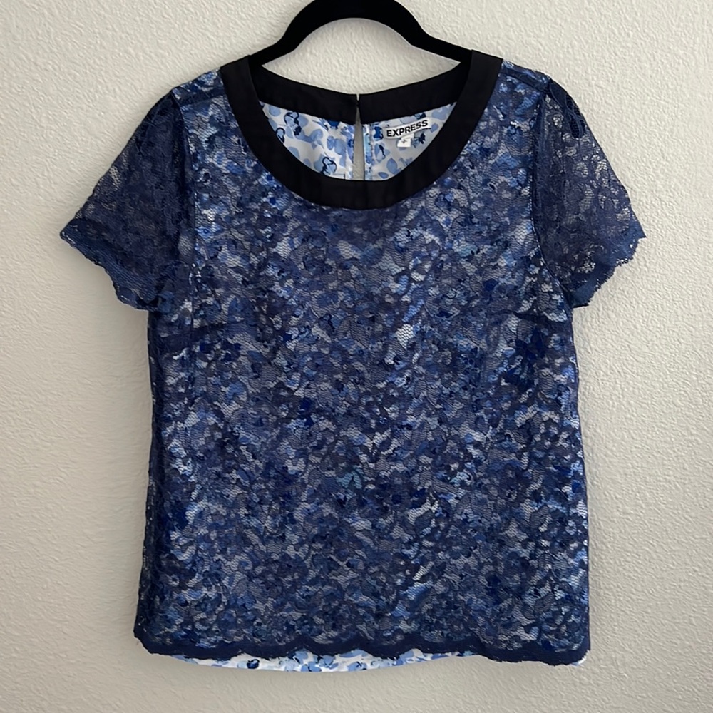 EXPRESS Lace Overlay Floral Top Small Sheer Sleeve Feminine Boho Chic Whimsycore